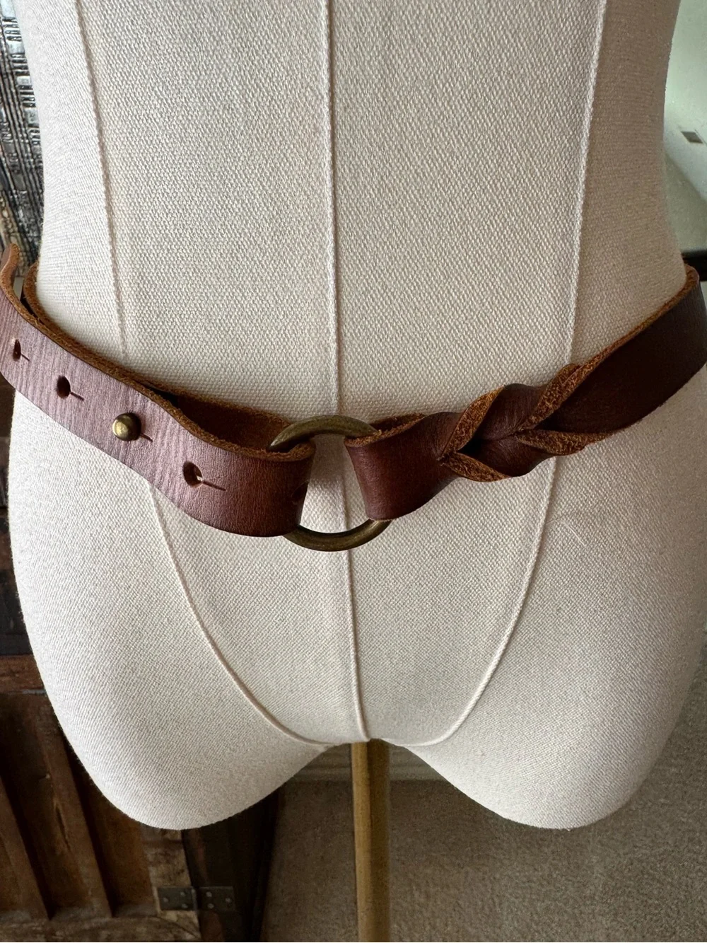 Braided Brown Leather Waist Belt with Antiqued Brass Ring